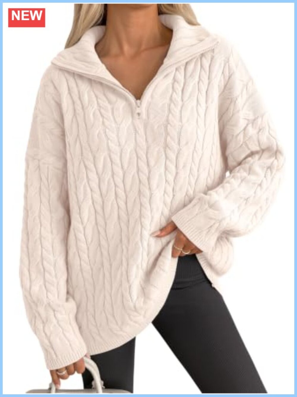 Oversized Chunky Cable Knit Quarter Zip Pullover Sweater Cotton Acrylic